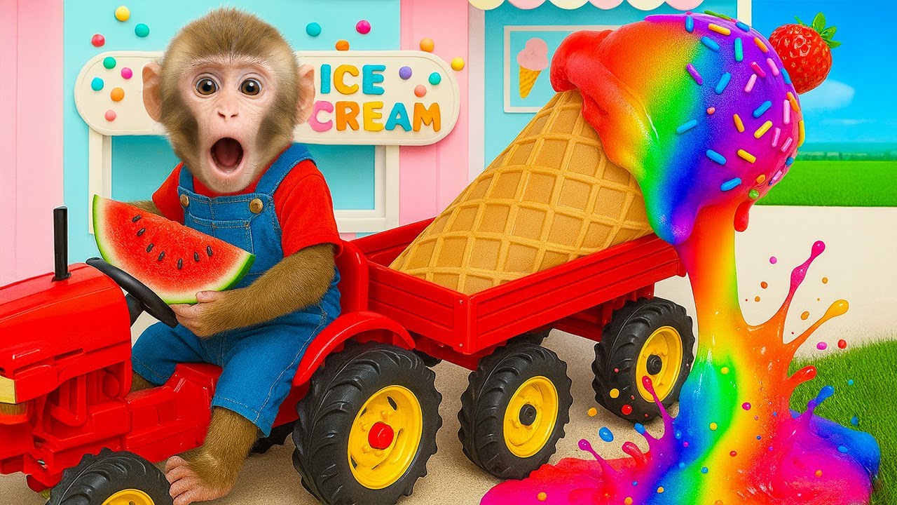 Macaco Bebê Cherry Transporta um Sorvete Gigante Arco-Íris em seu Trator Vermelho .