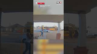 Video appears to show school bus carrying students crashing into multiple parked vehicles