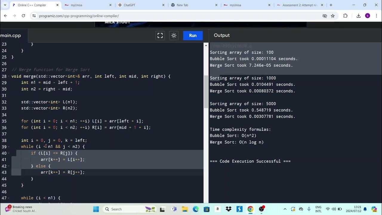 Time complexity C++ code for merge and bubble sort - YouTube