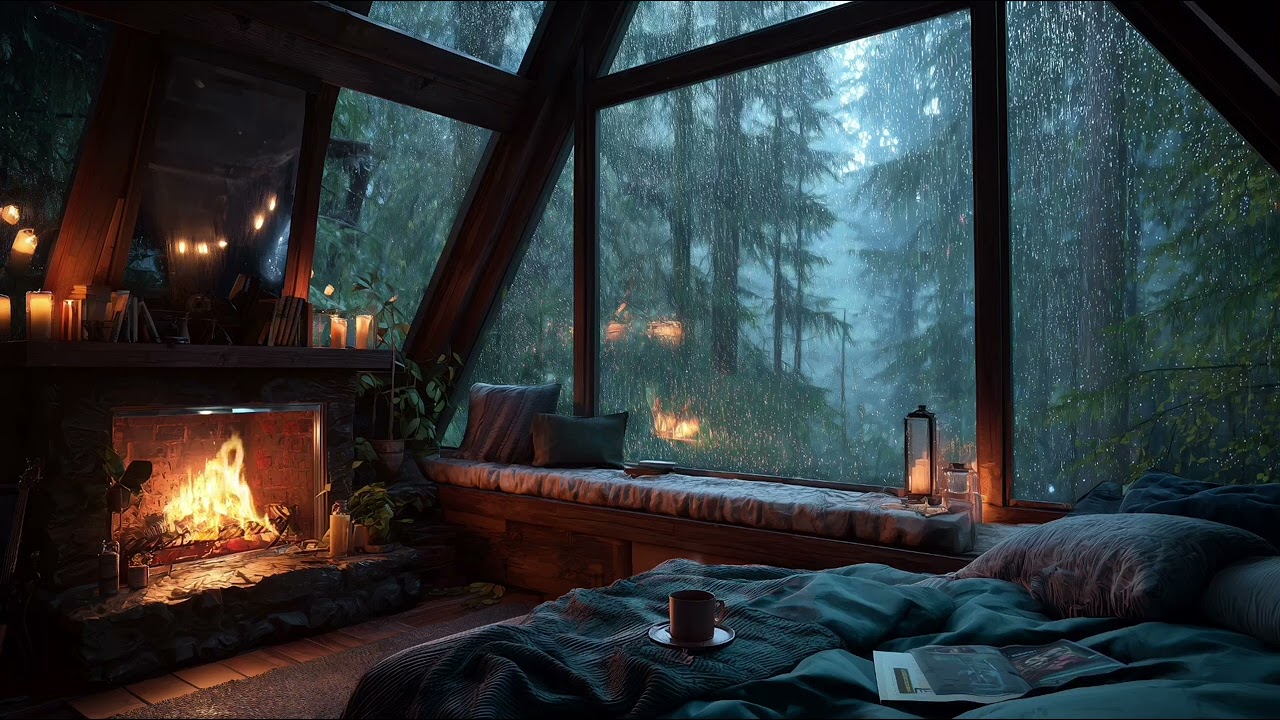 Rainy Glass Cabin with Fireplace 🌧️ Cozy Storm Ambience & Distant Thunder for Deep Sleep & Study