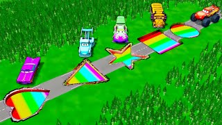 Giant Rainbow Circle & Square & Star & Triangle & Heart Pit Vs Huge & Tiny Pixar cars! BeamNG Drive!