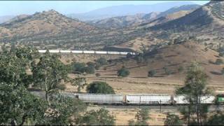 A BNSF grain train rounds the Tehachapi Loop