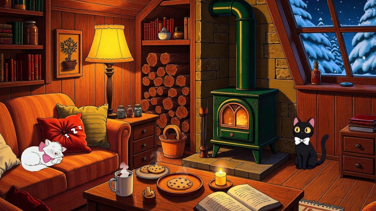 vintage jazz playing in another room on a 1950's rainy city night crackling fireplace