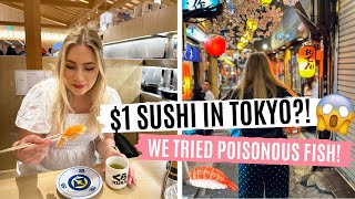 $1 SUSHI?!🍣 | Our first sushi experience in Japan 🇯🇵 | Tokyo DAY 2 | Memory Lane & sake | JAPAN VLOG