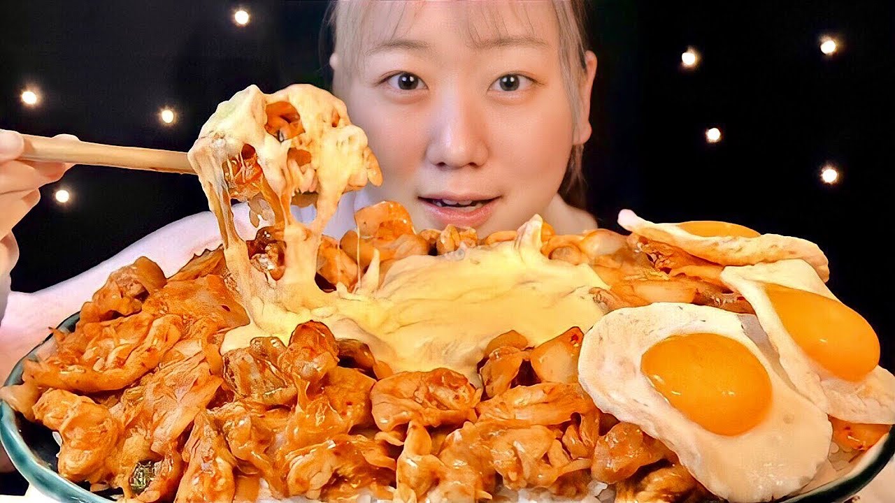 ASMR 豚キムチーズ丼 Pork Kimchi Cheese Bowl 돼지김치치즈동【咀嚼音/ Mukbang/ Eating Sounds】