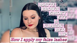 MATTE BROWN SMOKY EYE + CLASSIC RED LIP! How I apply my false lashes | Rebecca Renee