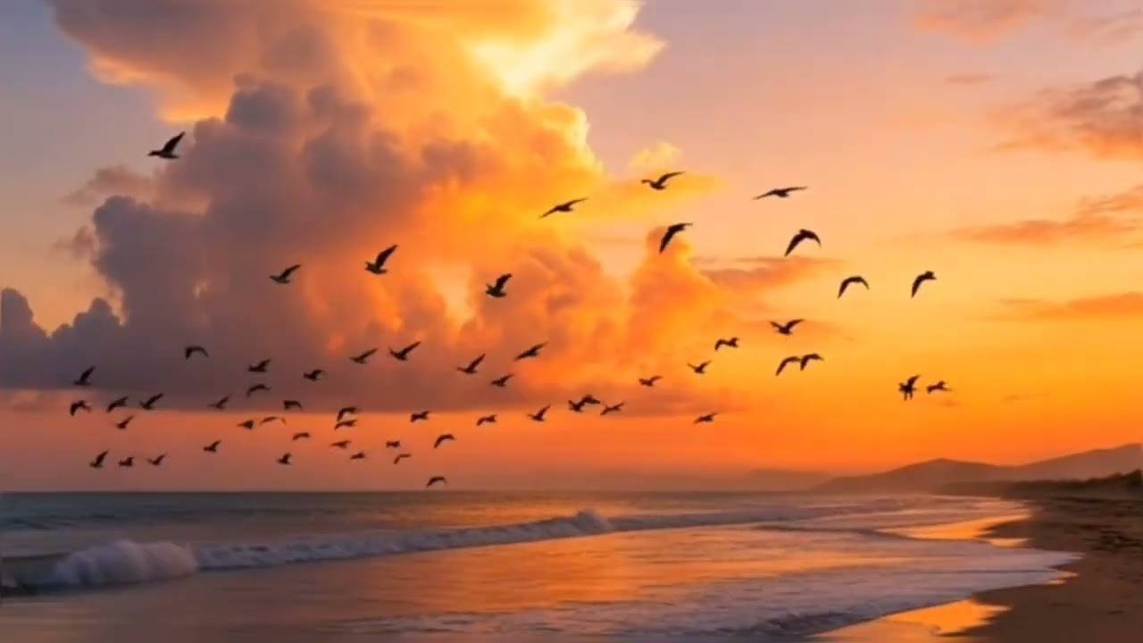 Relax as birds glide over the sea, listening to gentle waves that calm the soul deeply at sunset now