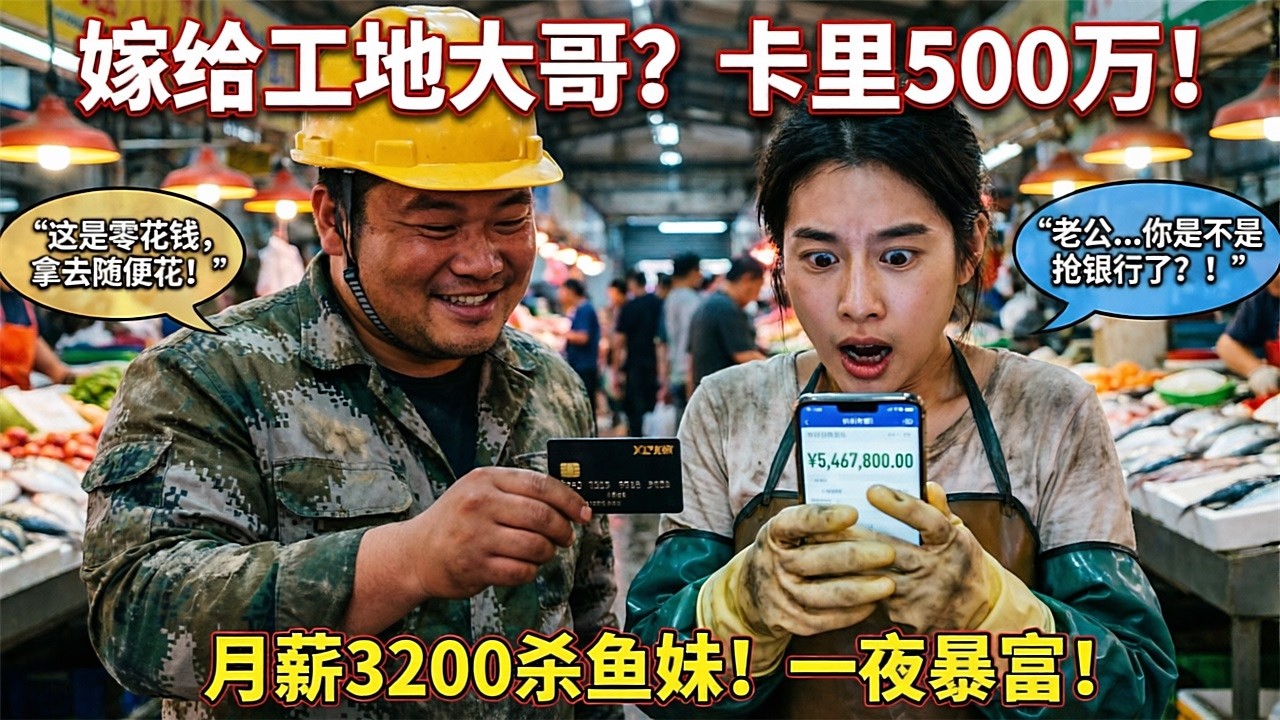 菜市场杀鱼月薪3200的姑娘嫁给每天来买鱼的工地大哥，吞吞吐吐要500块零花钱，他递来一张卡余额¥5,467,800.00