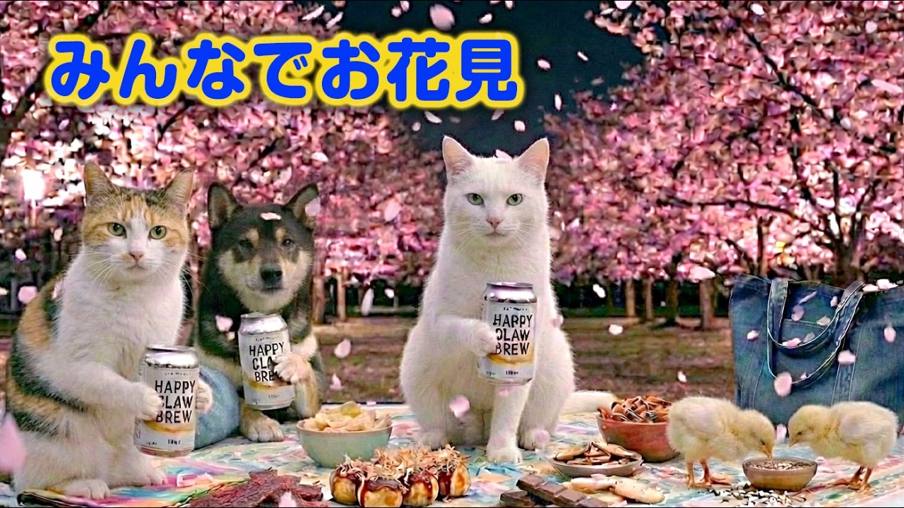 【猫の日常】みんなでお花見｜ねこせいかつ A Night Cherry Blossom Picnic