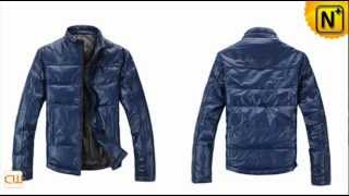 Leather Down Jacket Men's Designer Slim Navy Blue Padded Down Leather Coat-WWW.CWMALLS.COM