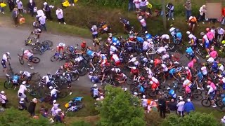 Caída de Ciclistas del Tour de Francia Espectadora Derriba con Cartel haciendo efecto dominó