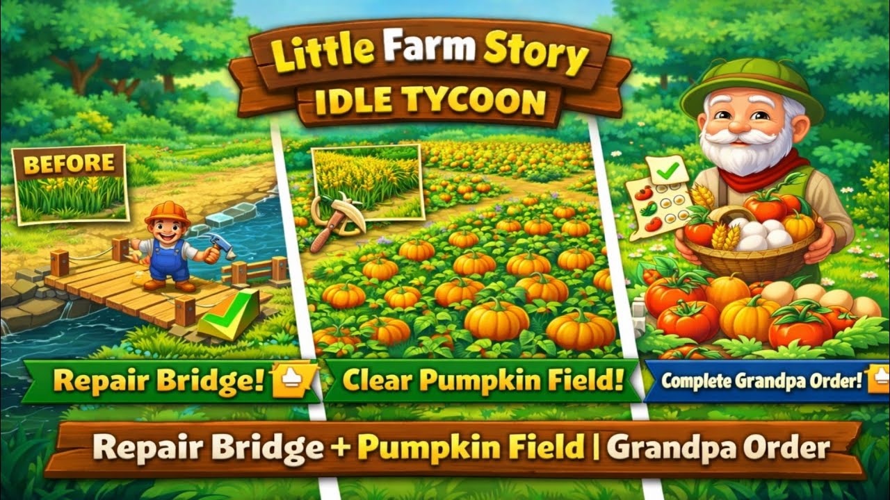 Little Farm Story Idle Tycoon Gameplay | Repair Bridge, Clear Pumpkin Field & Complete Grandpa Order