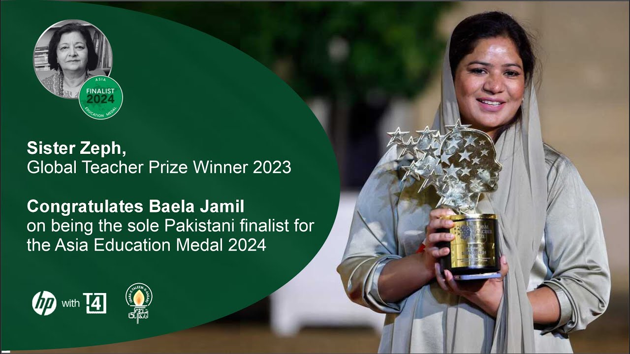 Sister Zeph congratulates Baela Jamil - The sole Pakistani finalist for the Asia Education Medal