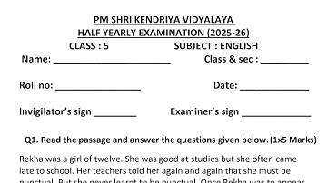 Class-5 English / Half Yearly Exam 2025-2026 Question Paper Term-1 PM SHRI Kendriya Vidyalaya 