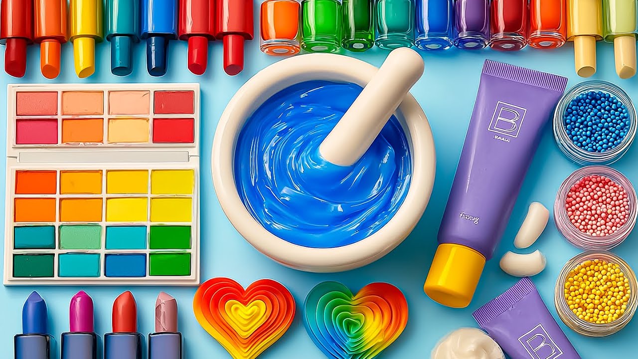 Relaxing Slime ASMR Video | DIY Making Glossy Blue Slime with Lipstick Makeup Cosmetic Set #63