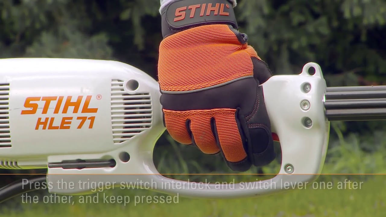 Starting and stopping a STIHL electric long reach hedge trimmer YouTube