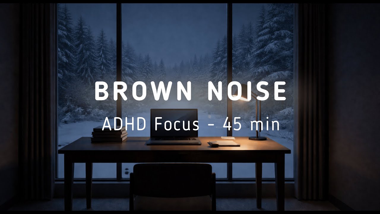 ADHD Focus 45 Min | Dark Minimalist Desk, Silent Snowy Night | Deep Work Brown Noise Friendly