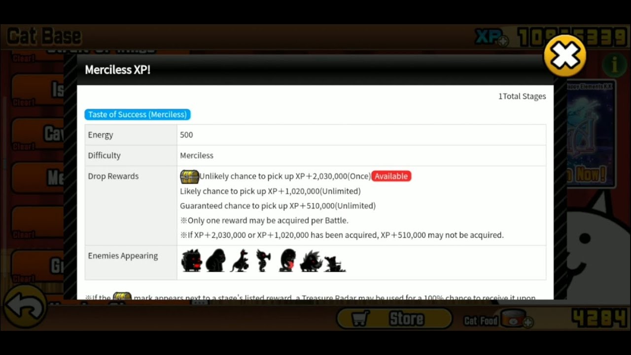 Battle Cats Merciless XP! - Taste of Success (Merciless) - 3,073,400 XP for 500 energy!