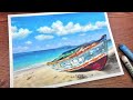 Lonely Beach｜Oil Pastel Drawing By Ohu Sia