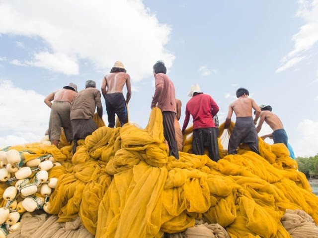 Fishermen Hauling Nets Before Boat Liftout