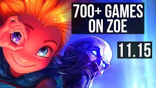 ZOE vs RYZE (MID) | 7/0/4, 700+ games, Godlike | KR Master | v11.15