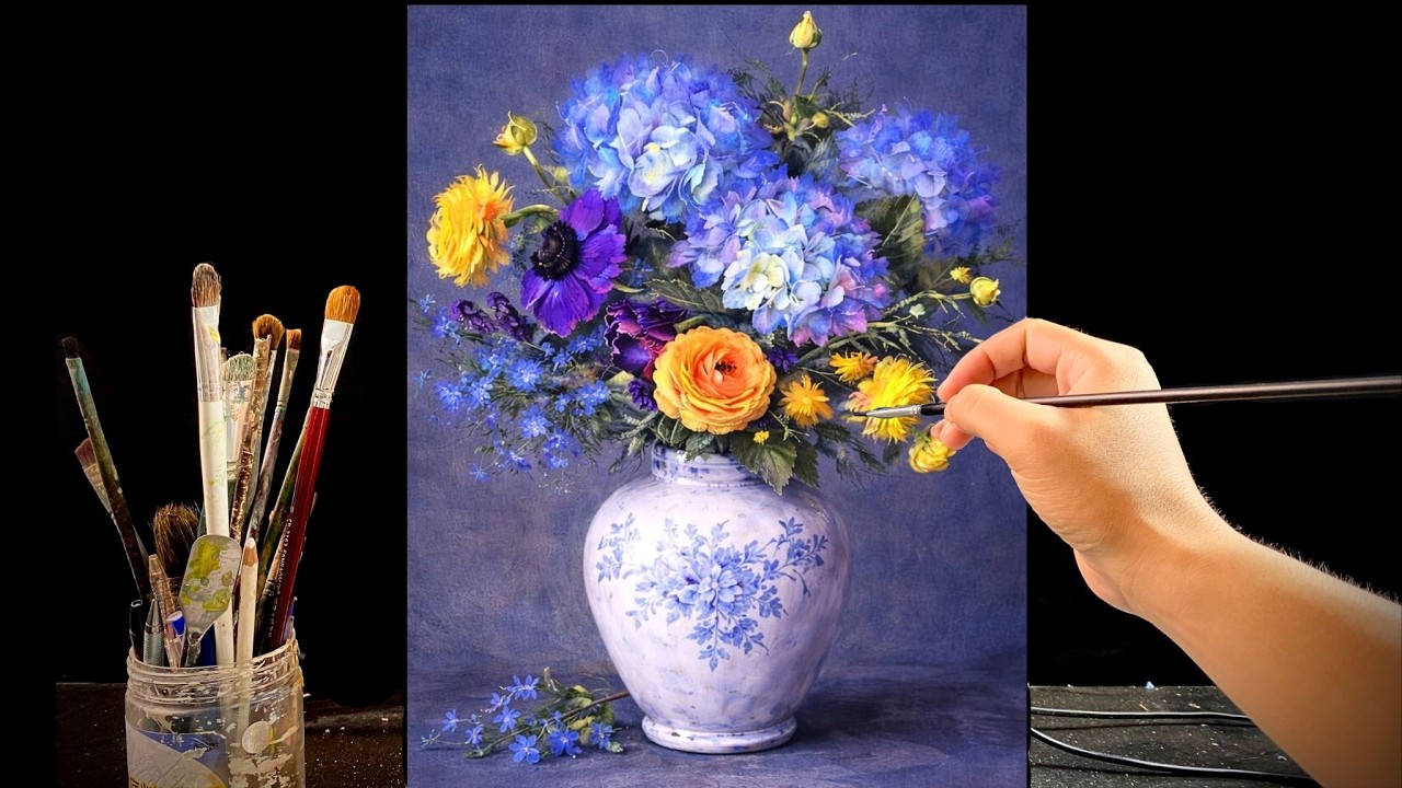 🎨 Painting Blue Hydrangeas in a Classic Porcelain Vase | Vibrant Acrylic Still Life Tutorial | 