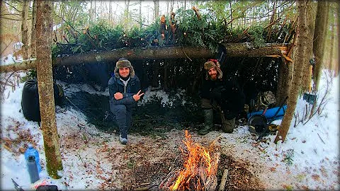 Primitive Winter Camping in -16c temperature - Overnight Bushcraft Shelter Lean-To Build!