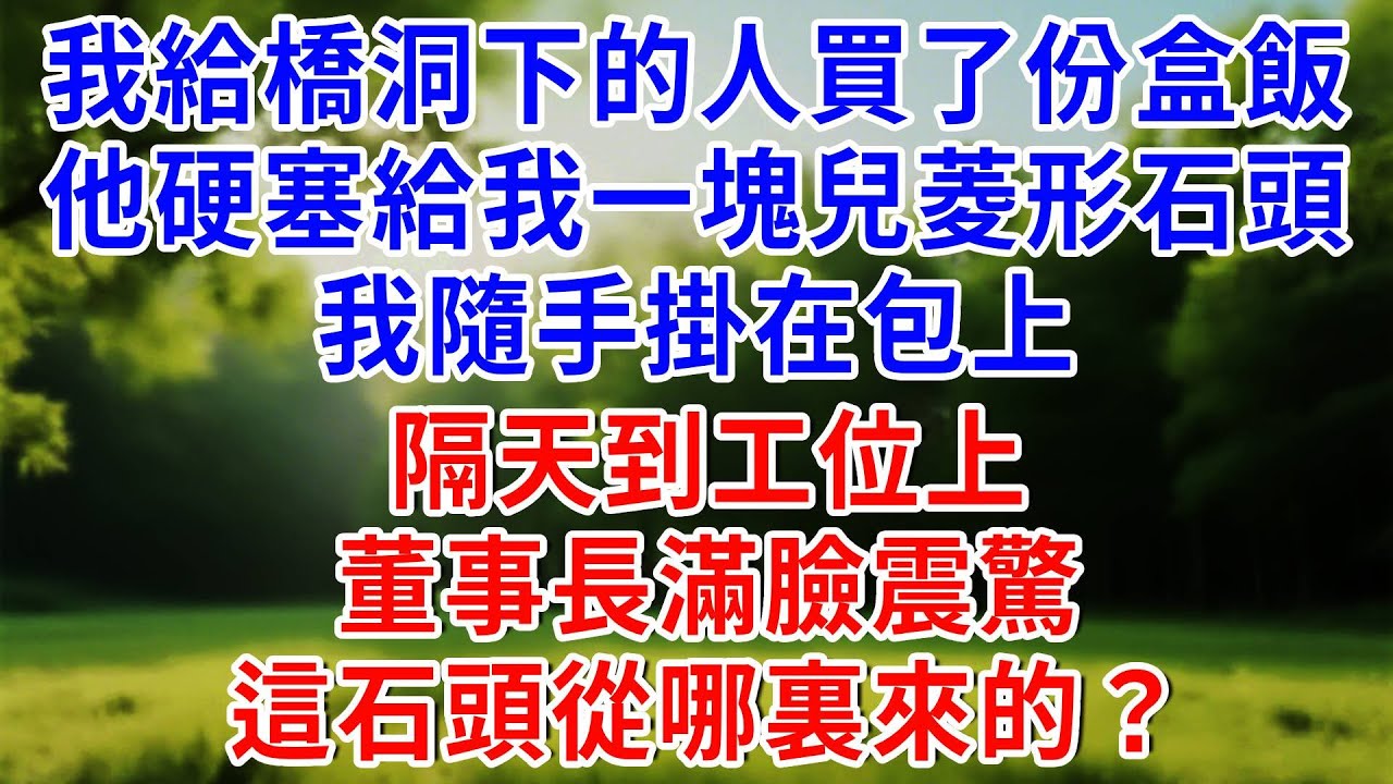 我給橋洞下的人買了份盒飯，他硬塞給我一塊兒菱形石頭，我隨手掛在包上，隔天到工位上，董事長滿臉震驚：這石頭從哪裏來的？#知心人生 #人生感悟 #故事分享 #故事頻道