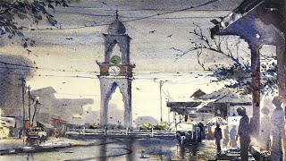 Watercolor cityscape in a rainy day at Sammanthurai