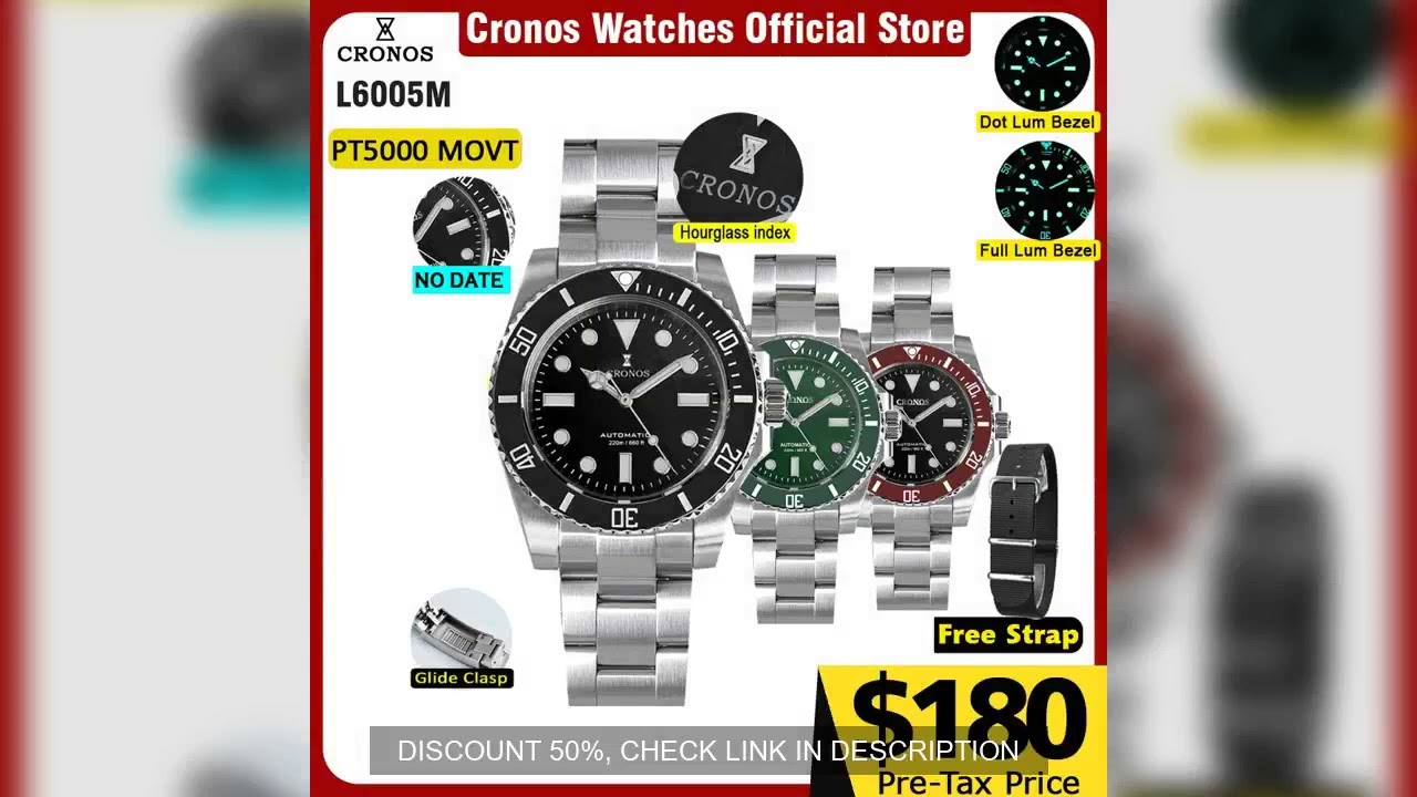Cronos Sub Diver Men Watch No Date PT5000 Brushed Bracelet Ceramic Bezel 200 meters Water Resistant