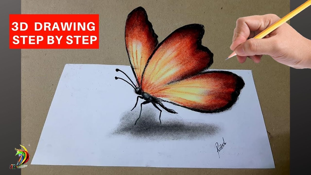 How to Draw 3D Butterfly | 3D Butterfly Drawing Tutorials Step by ...