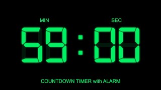 59 Minute Countdown Timer with Alarm on Start and Finish time , glowing Digital Clock Timer Free!