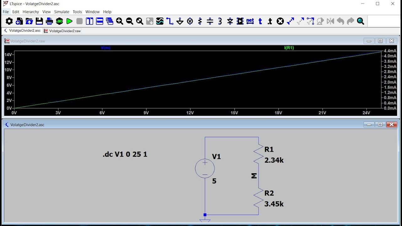 LT Spice Demo: Voltage Divider -- Transient and DC Sweep Analysis