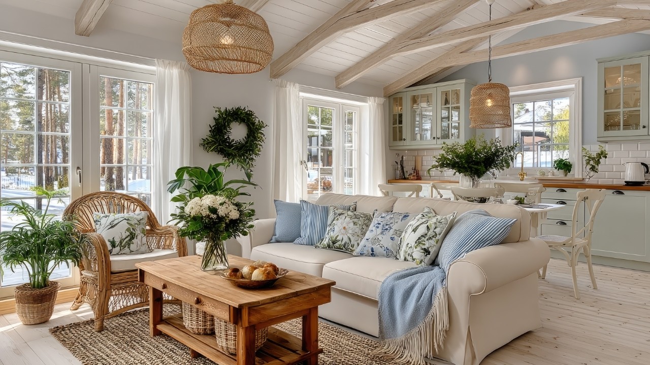 Винтажный деревенский зимний декор 2025 | Вдохновение для коттеджа в сине-кремовых тонах