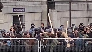 Tom Cruise emerges from fake Trafalgar Sq Station in one of his movie scenes for Mission Impossible