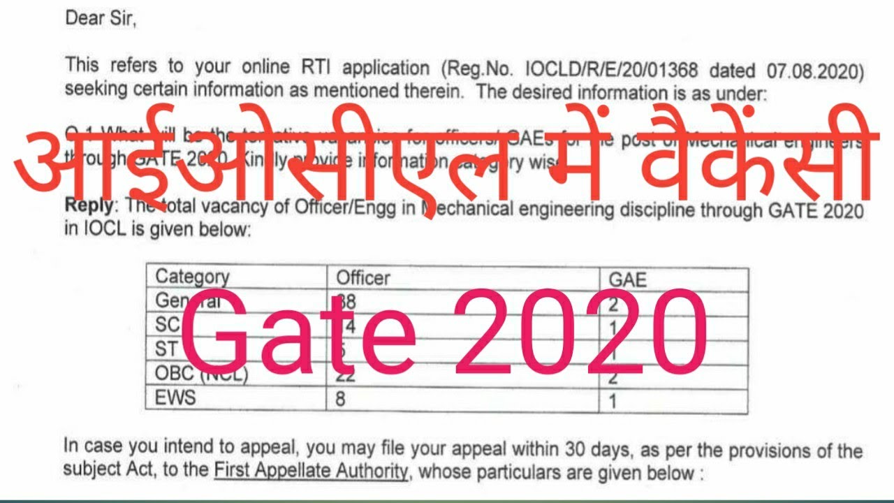 No. Of vacancies in IOCL through gate 2020 for mechanical engineer