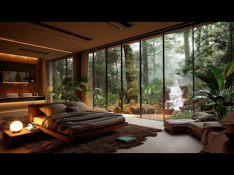 Cozy Bedroom in the Forest with Smooth Jazz Piano Music and Rain Sounds ~ Relaxing Jazz Instrumental