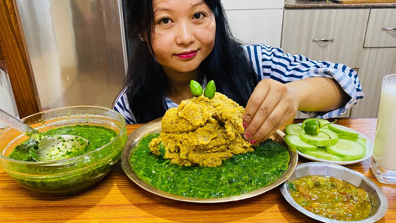 Eating Athletic Nepali food sisnu ra makai ko dhido dalle khorsani salad moi mukbang