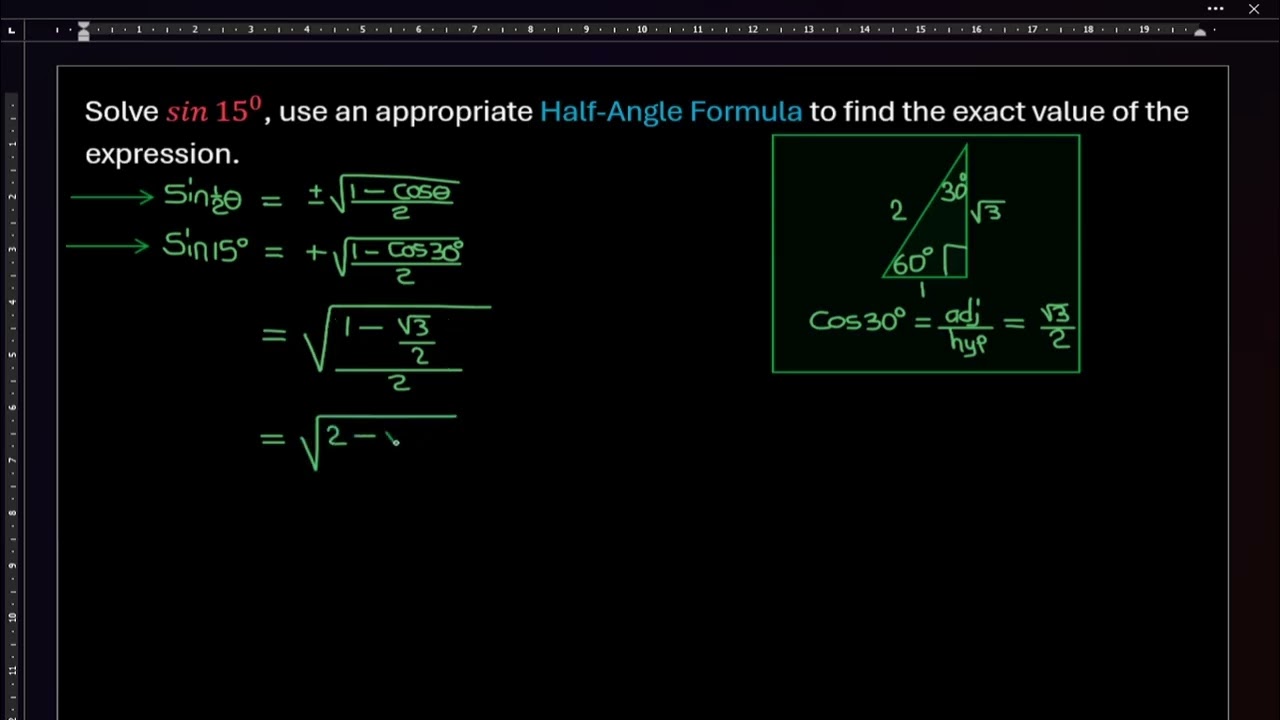 Solve sin15 degrees, use an appropriate Half Angle Formula to find the exact value of the expression