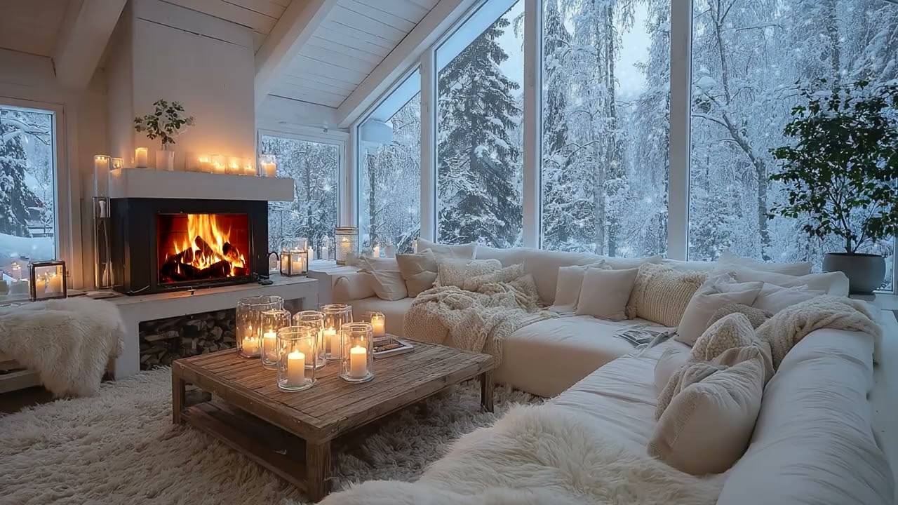 🔥🎹 White Winter Piano Lounge with Gentle Fireplace and Floral Decor for 3 Hours of Calm