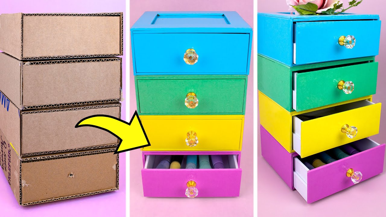 How to Make Office Organizer with Cardboard | Drawer 4 drawers| Nail Polish Organizer, Makeup Holder