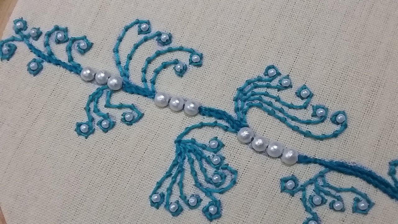 Hand embroidery using coral stitch and pearls - YouTube