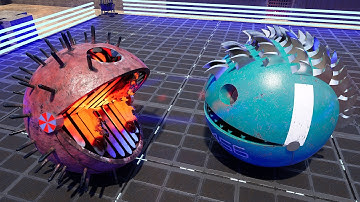 Pacman and Chain Chomp’s Epic Battle Against Spiky Robots & Robot Cat in a Labyrinth