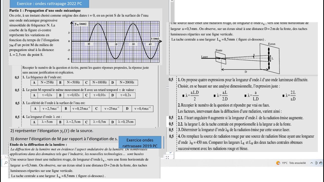 Exercice  2 bac  les ondes mécaniques et lumineuses rattrapage 2022 et rattrapage 2019 PC