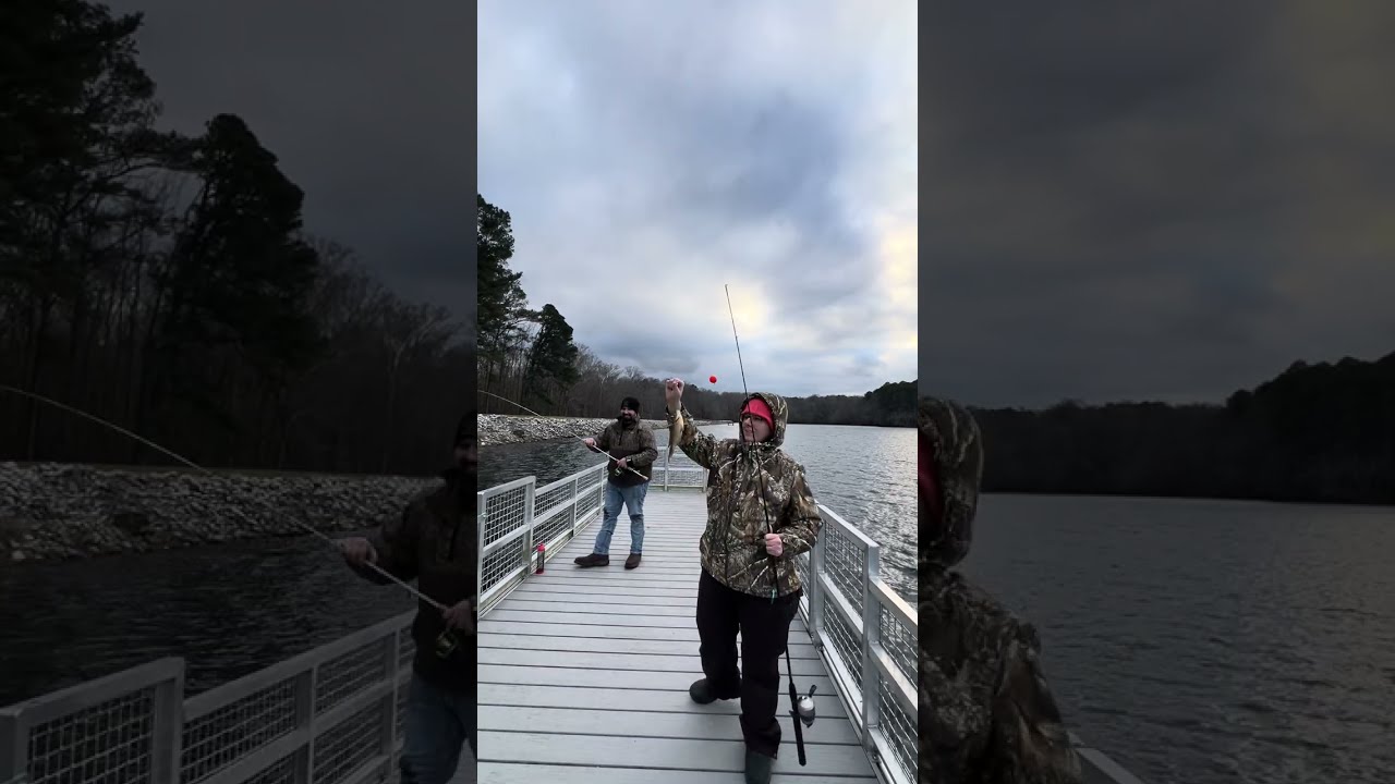 Fishing in the cold, my wife won again! 