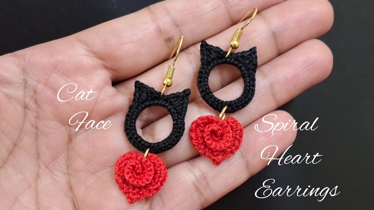 CAT FACE AND SPIRAL HEART EARRINGS | CUTE EARRINGS | CROCHET