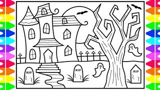 How to Draw a Halloween House for Kids 👻💜🖤💚🎃Halloween House Drawing and Coloring Pages for Kids