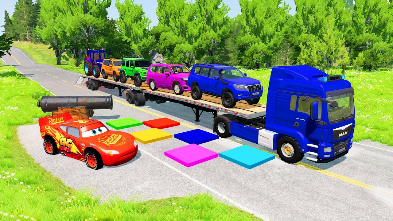 TRANSPORTING PIXAR CARS & FRUITS WITH COLORED & JOHN DEERE vs CLAAS vs TRACTORS - BeamNG.drive 