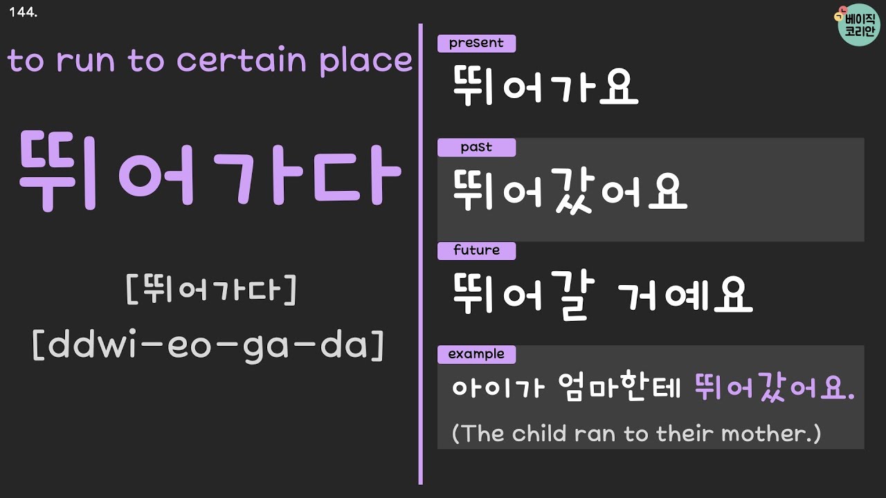 걷다, 산책하다, 뛰다, 뛰어가다, 달리다 | Mastering Korean Verbs with Present, Past ...