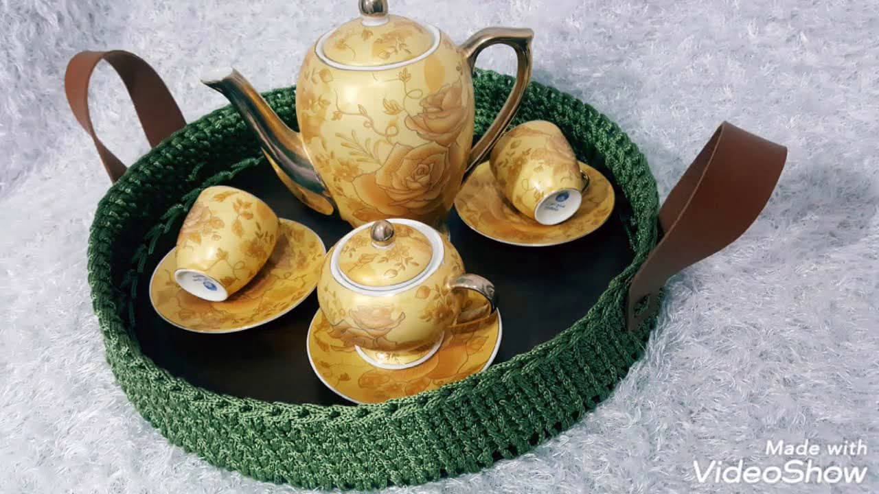 صينيه بقاعده خشب مع الخيط سهله وسريعه/ صينيه تقديم كروشيه /صينيه بخيط  السلسله او القيطان